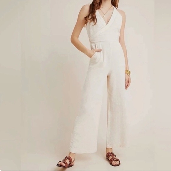 Anthropologie Pants - Anthropologie Demi Textured Ivory Wrap Jumpsuit